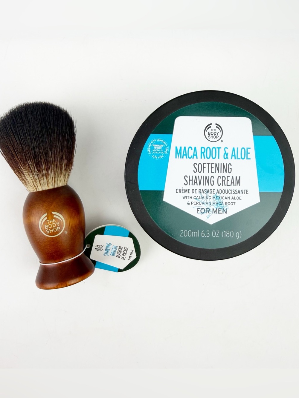 The Body Shop Maca Root Aloe Softening Shaving Cream & Brush Men 6.3 oz New.